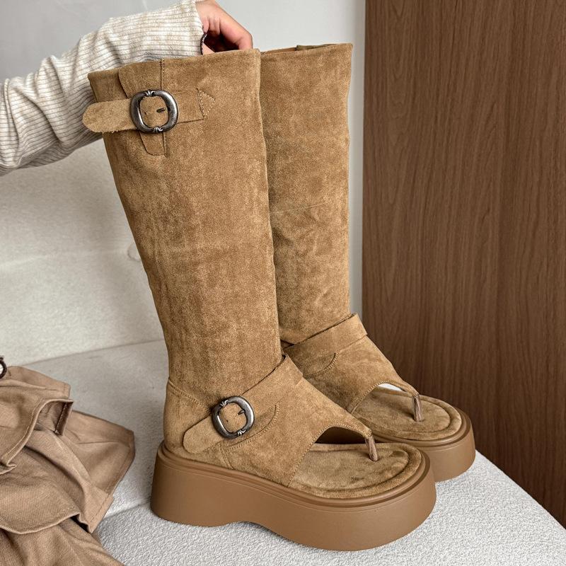 

6Cm thick-soled flip-flops cool boots women s open-toed western boots 2025 summer new stacking boots heightening short boots 40 хаки