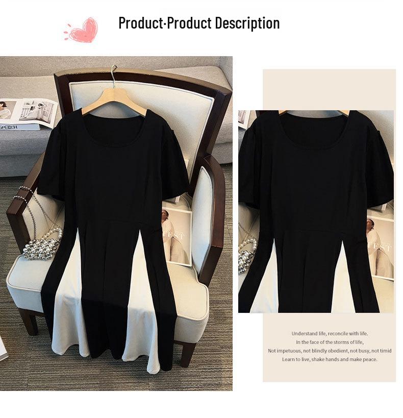 Plus Size Slimming Loose Short-Sleeve Mid-Length Dress - Women's Round Neck (Sizes 200/300/350-9111)