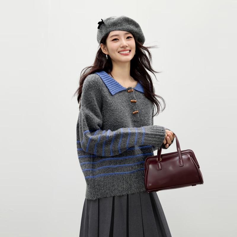 

Qiushui Yiren Women s Classic Striped Lapel Knit Sweater S