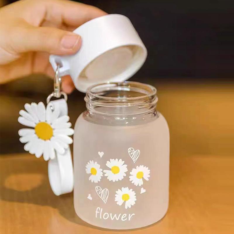 350ml Carina Bottiglia d'Acqua in Vetro Fiore Margherita Portatile Ragazza Mini Bottiglie Bevanda Opache Bottiglia Latte Succo Bicchiere da Viaggio per Esterno