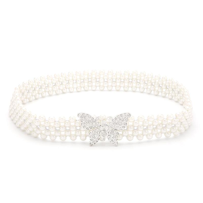 Pearl Rhinestones With Belt, Women'S Literary And Elegant Decoration, Multi-Row White Beaded Elastic Waist Chain