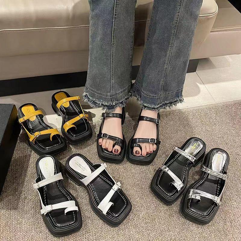 2025 summer new slippers muffin set toe muffin bottom Roman word cool slippers platform sandals