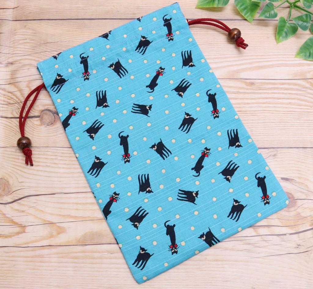 Kyosuke Made In Japan Drawstring Bag for Goshuincho Stamp 18 X Yumeji Black Cat Blue (Temple Book), Cotton, 26.5cm, Pouch/Case, Design,