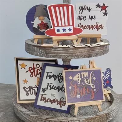 8 Stück Patriotisches Etagen-Tablett Deko-Set Holzschilder Unabhängigkeitstag Schilder Amerikanischer Stern Deko Veteranentag Rote Blaue Dekorationen Für Inde