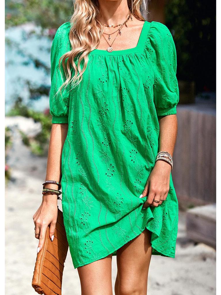 Diyun 2023 Summer European & American Solid Color Square Neck Jacquard Short Dress for Women - Elegant & Hollow Design