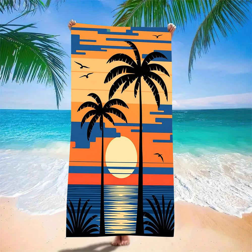 Geometric Striped Coconut Tree Sunset Silhouette Beach Towel Quick Dry Towel For Summer Swimming Seaside Pool Side Picnic Use