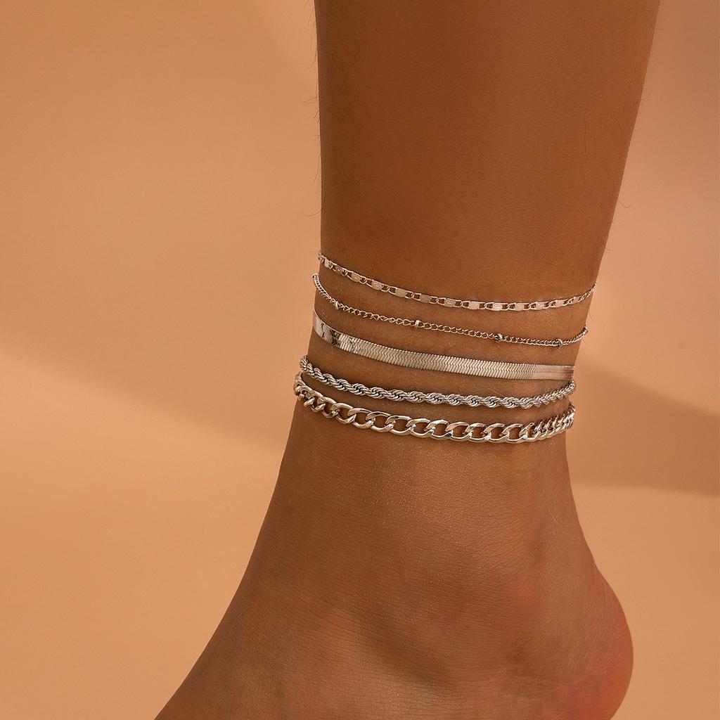 Love Beaded Punk Chain Anklet Set, Hip Hop Personality Snake Bone Chain Foot Jewelry Anklet