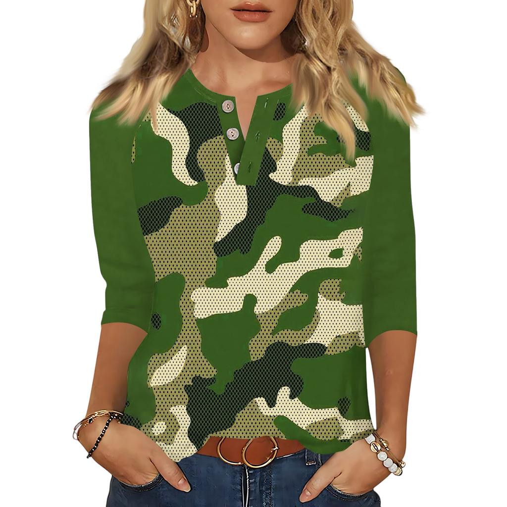 Tricou de damă cu buton imprimat mânecă 3/4 Zilnic la modă de weekend, de bază, cu decolteu în V, obișnuit