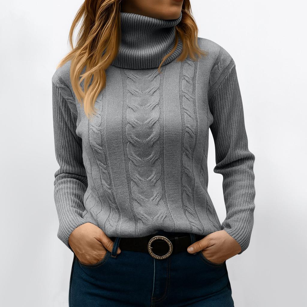 Women's Fashionable Solid Color High Neck Long Sleeved Sweater Pullover Sweater Top