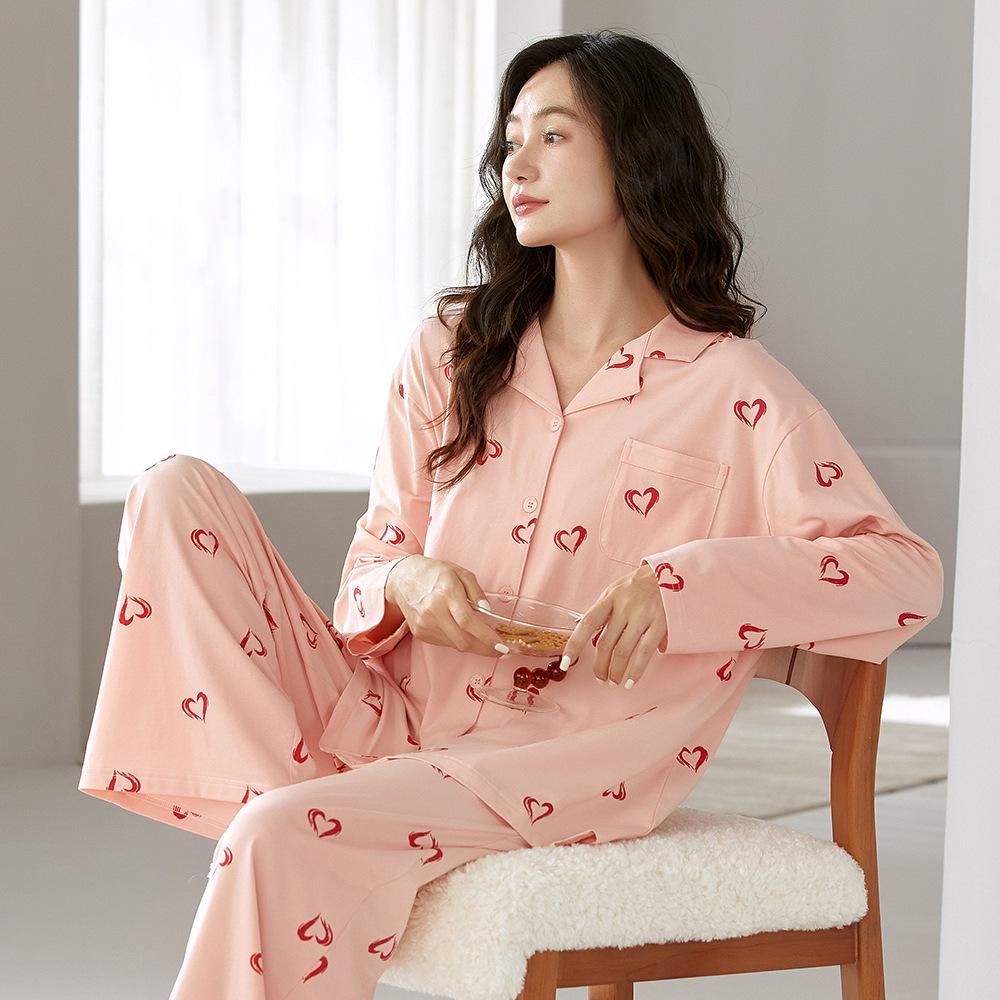 Damen Herbst Lycra Baumwolle Pyjama Set – Langarm & Hose, Atmungsaktive & Süße Mädchenhafte Homewear