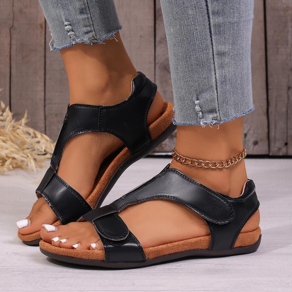 New European and American Style Velcro Flat Sandals Women's Large Size Fish Mouth Roman Shoes Comfortable and Breathable Beach Wear