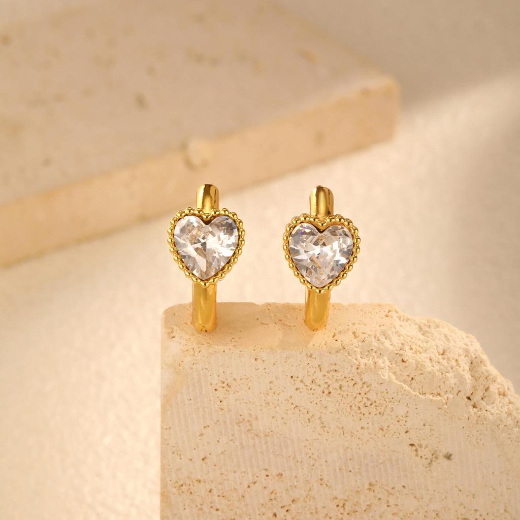 Heart Shape Cubic Zirconia Golden Hoops Earrings Women, Waterproof Stainless Steel Circle Huggies Small Ear Buckle Female Gift
