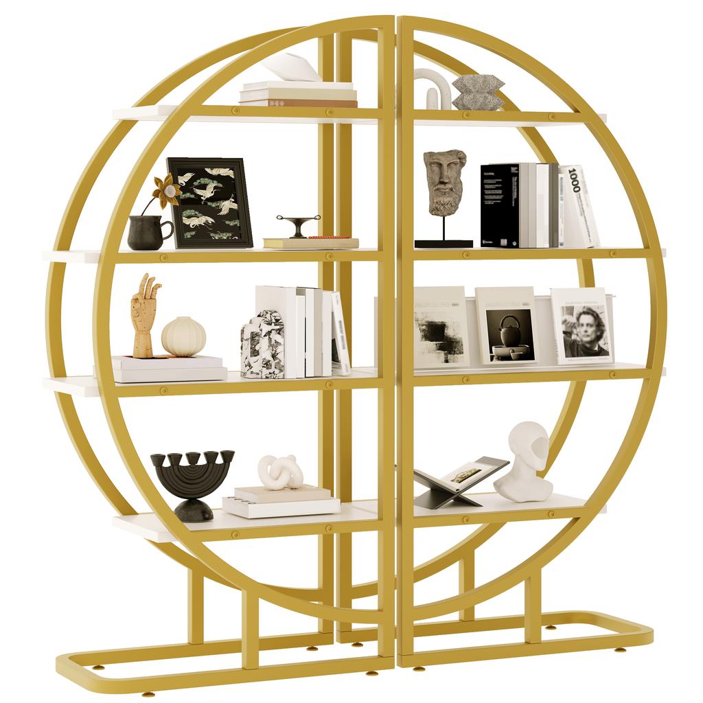 120×30×130 Cm Round Arch Standing Shelf – 2-Piece Metal Bookshelf with Gold Frame & 4 White MDF Shelves, for Living Room, Kitchen & Decoration