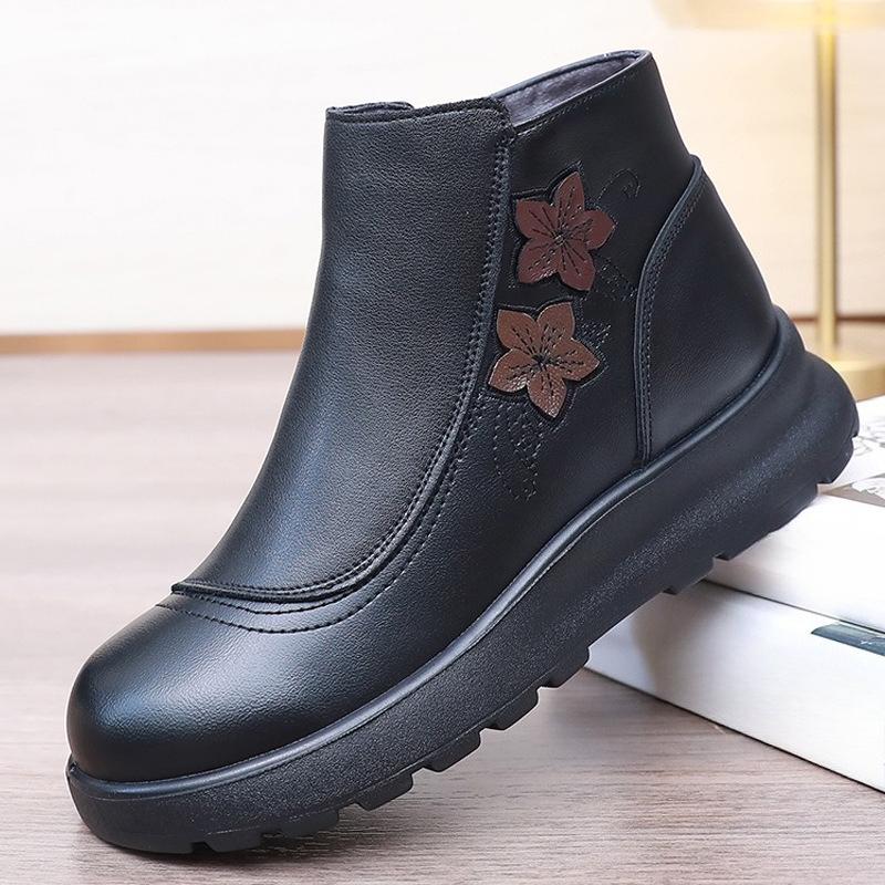 Retro Shoes with Fleece Short Boots, Round Toe Waterproof and Warm Women's Anti-slip Cotton Shoes