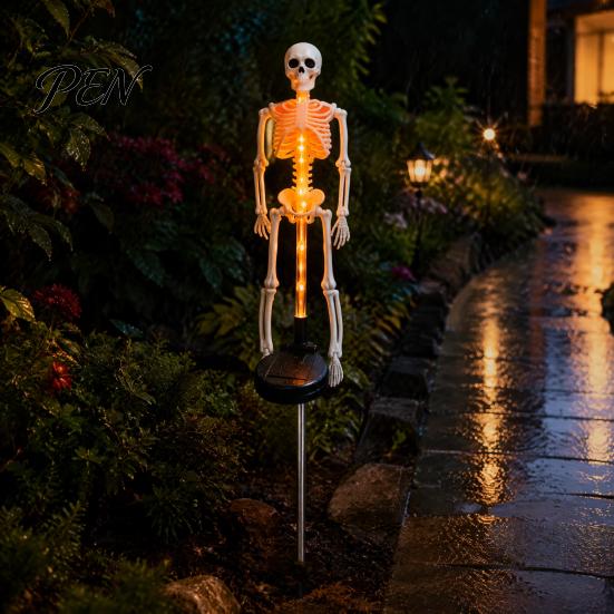 Spooky Garden Path Lighting 2Pcs Solar Skeleton Stake Light, Halloween Glowing Realistic Figurine, Waterproof Illuminated Yard Accents Outdoor