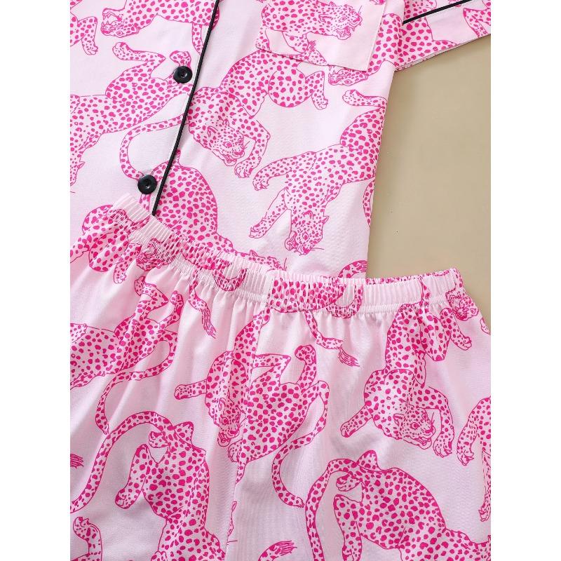 Casual Pink Leopard Print Pajama Set for Women Lapel Short-sleeved Top and Baggy Shorts Loungewear for Women