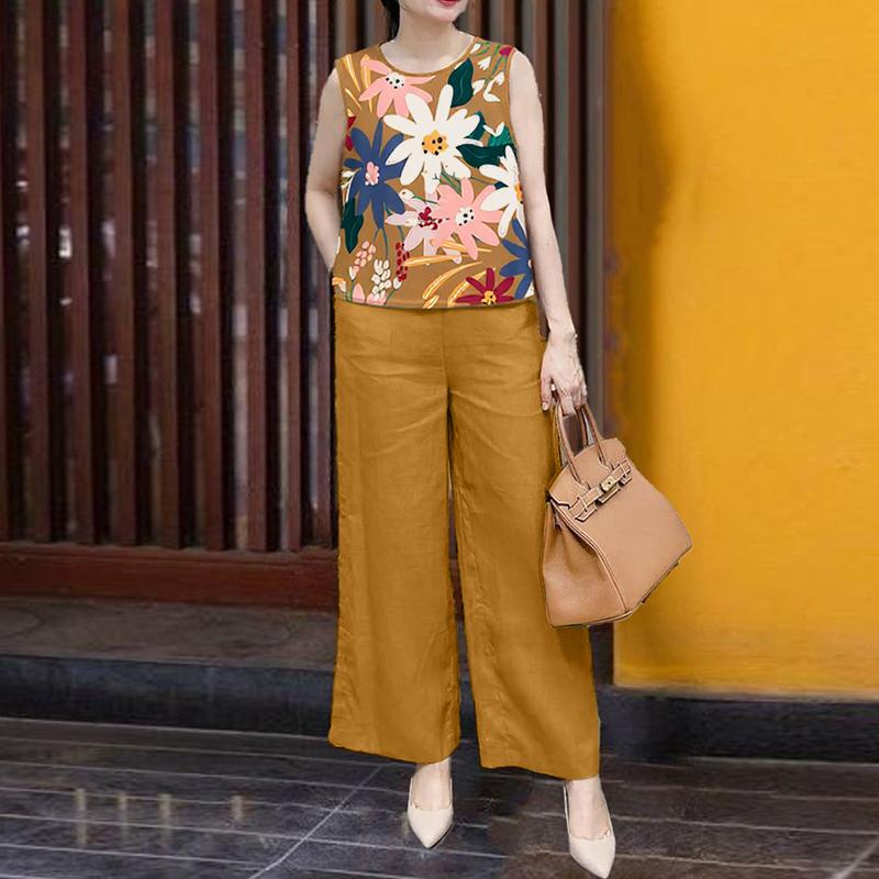 

ZANZEA Женский летний костюм-двойка: жилет без рукавов с принтом и брюки 5XL хаки