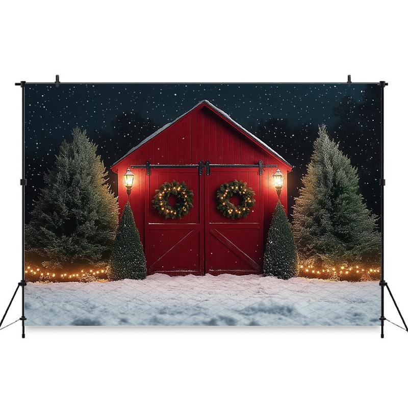 Mocsicka Christmas Tree Background Photography Red Door Snow Wreath Gifts Kid Photo Backdrop Shooting Props Outdoor Decor Studio