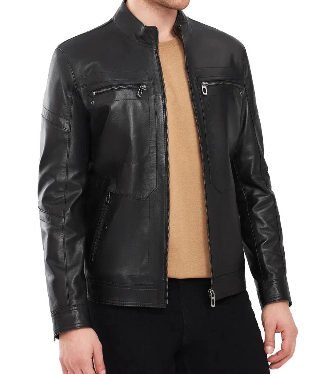 

Racer Zipper Leather Genuine Black Causal Men s Jacket Handmade Lambskin Biker Stylish 3XL чёрный