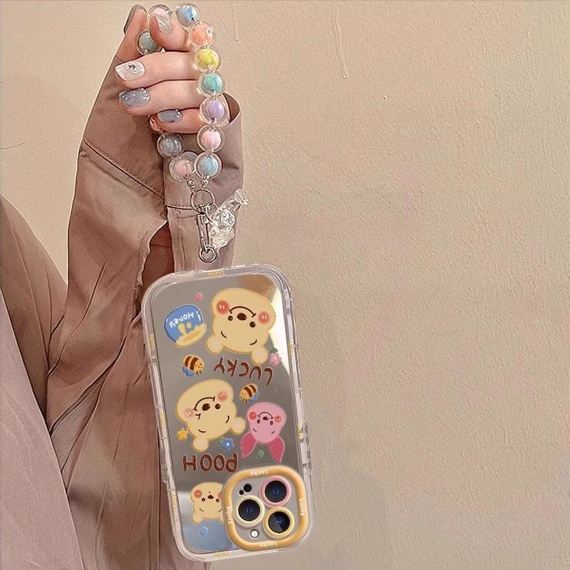 Cute Winnie the Pooh Mirror Phone Case with Beaded Chain, Soft TPU Cover for iPhone