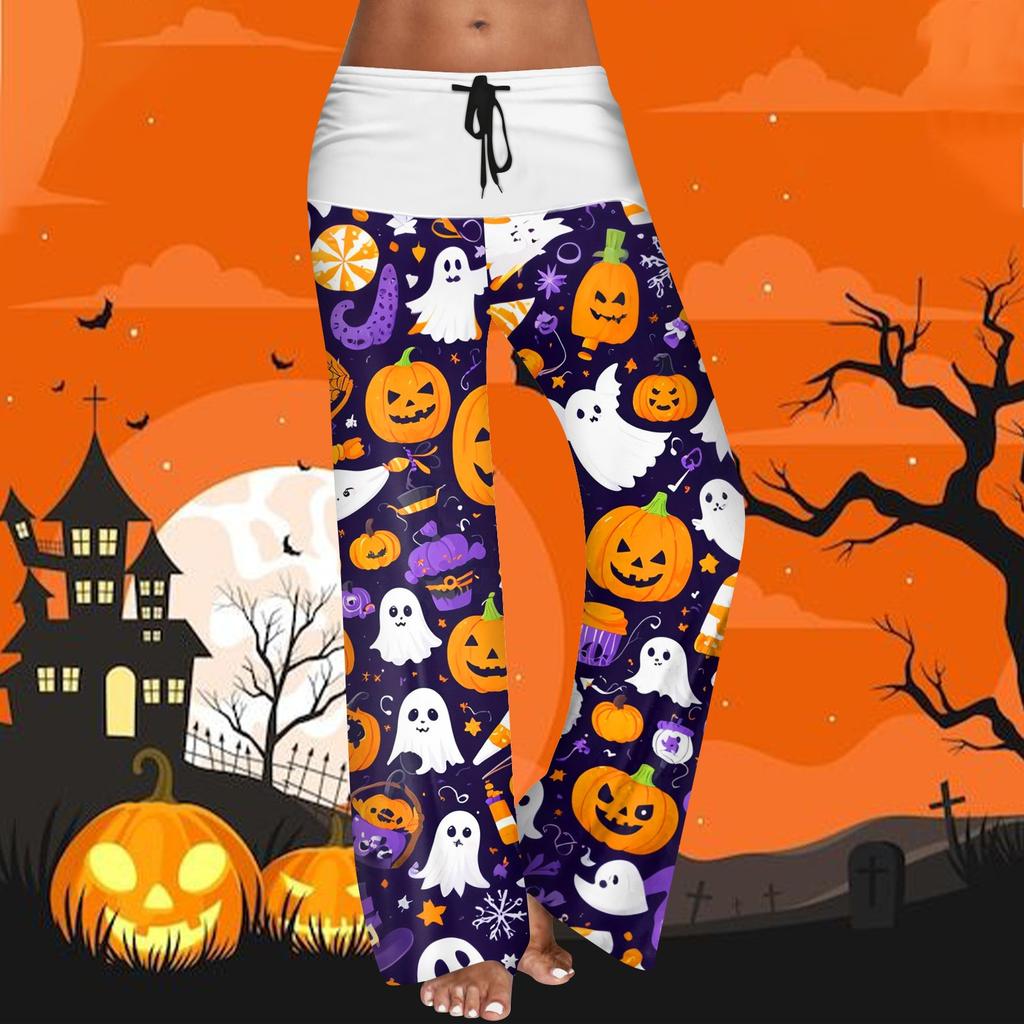Women's Drawstring Elastic Waistband Wide Leg Color Matching Halloween Printed Casual Pants