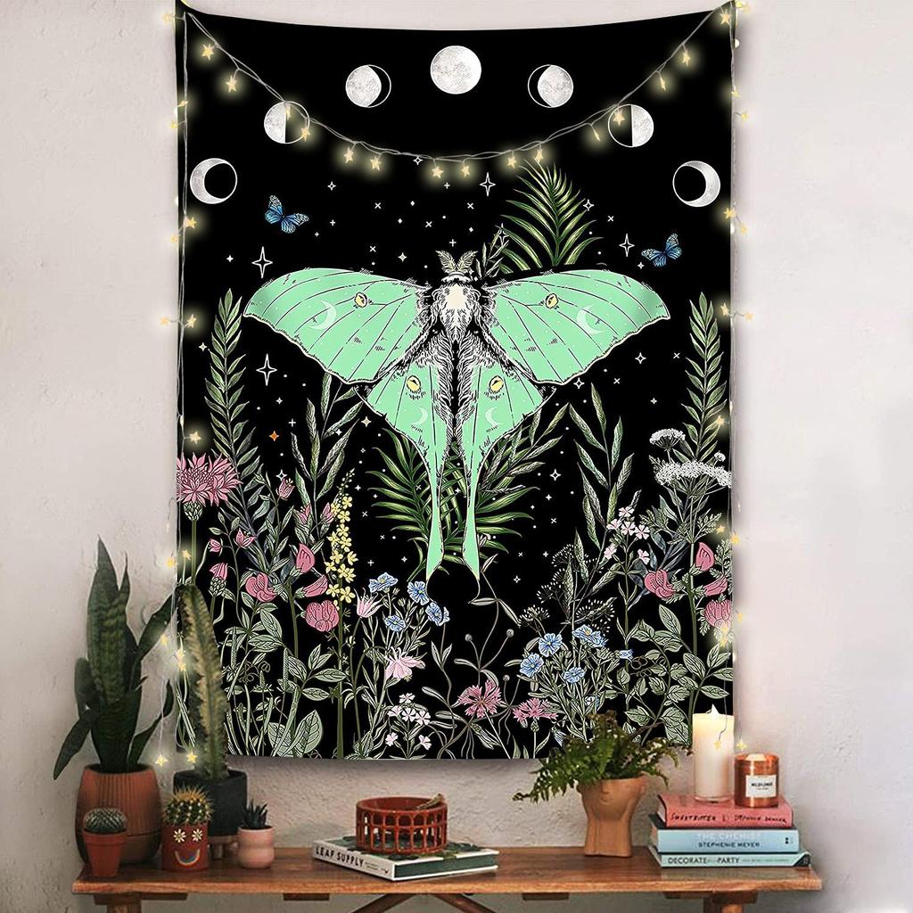 Garden tapestry moon phase tapestry flowers vines black background cloth home decoration wall carpet hanging cloth