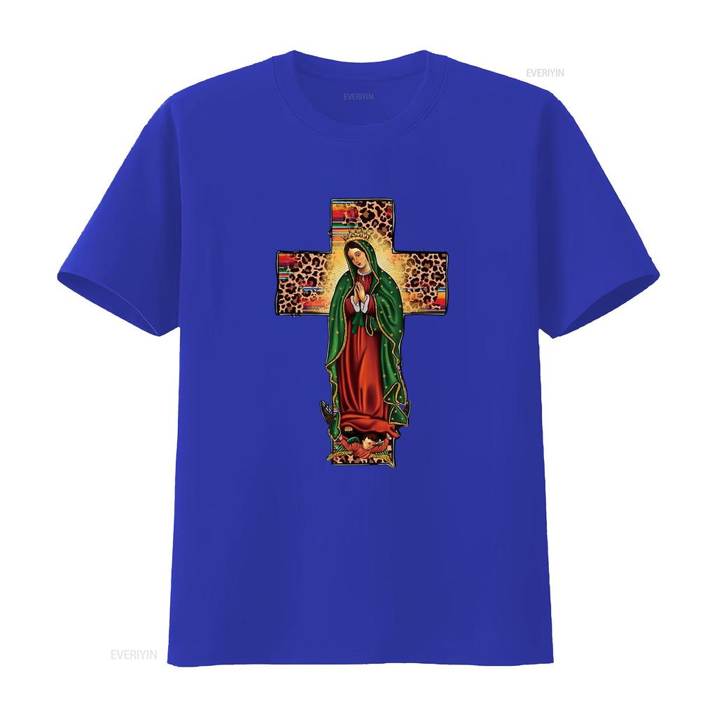 Mexican Serape Leopard Our Lady of Guadalupe Mexico T Shirt Vintage Washed Unisex Slightly Casual Homme Versatile Soft Fashion