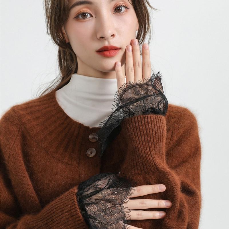 2Pairs Elegant Arm Sleeves With Lace Flower Elastic Wrist Cuffs Extension Faux Sleeves For Office Women Dress Enhancer