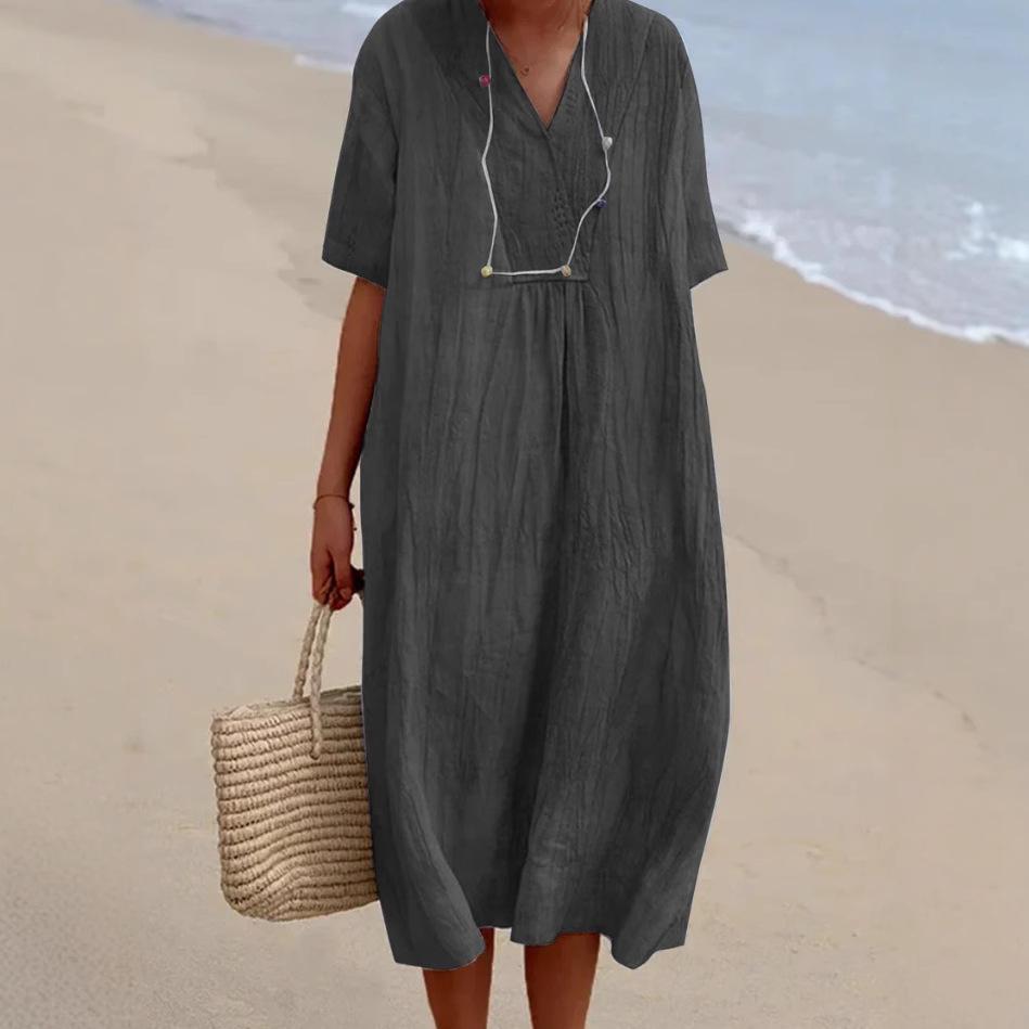 Women's 2025 Spring/Summer Casual Slimming Cotton Linen Dress - Versatile Solid Color, Hot Selling Style