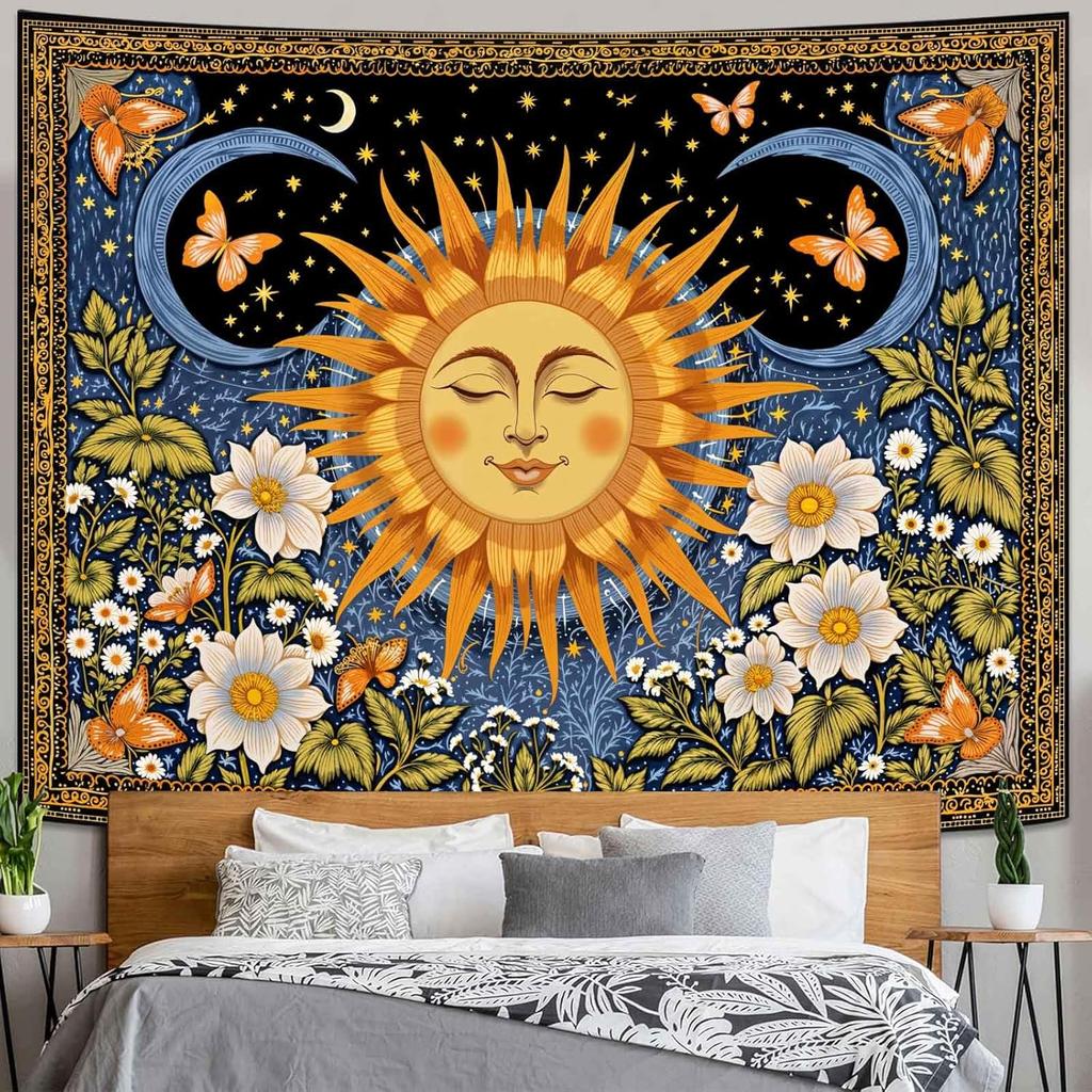 Sun and Moon Tapestries Celestial Style Tapestries Mystical Floral Butterfly Wall Tapestry Bedroom Dormitory Living Decoration
