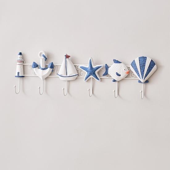 Beach Wooden Wall Hook Summer Ocean Theme Towel Rack with 6 Hooks for Bathroom Bedroom Kitchen Decorative Organizer for Coats Aprons Hats