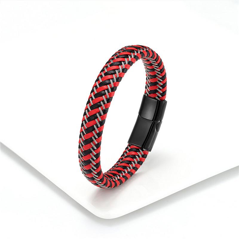 Braccialetto in Corda di Pelle per Uomo Braccialetto in Pelle Intrecciata Acciaio Inossidabile Gioielli in Pelle Rossa Regolabile Fatto a Mano