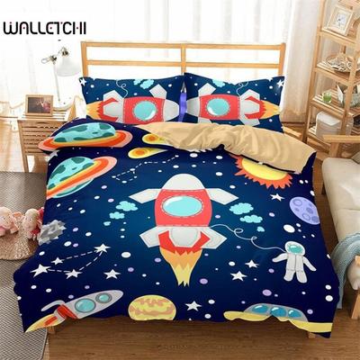 Cartoon Astronaut Duvet Cover King For Boys Girl Galaxy Space Bedding Set Microfiber Rocket Ship Space Adventure Comforter Cover