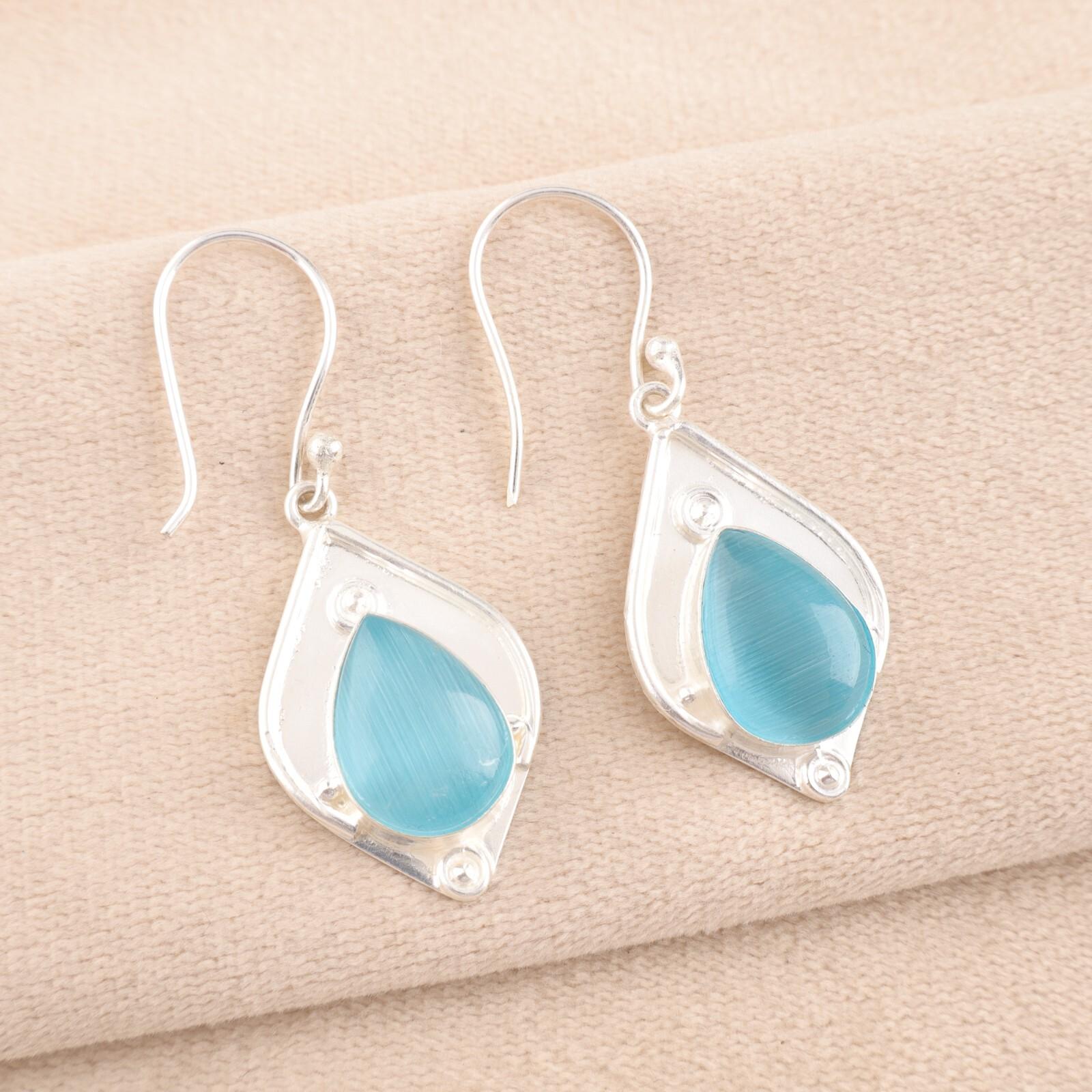 

Blue Cat s Eye Gemstone 925 Sterling Silver Jewelry Fashionable Earrings 1.90 EE-35-43