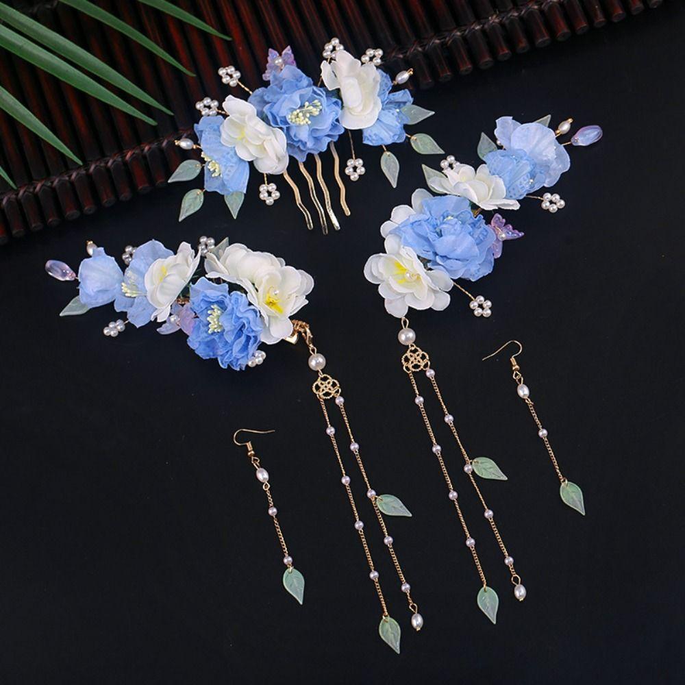 Tassel Hanfu Hair Stick Earring Flower Hair Comb Chinese Style Hairpin Set  Girl Hair Accessories
