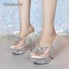 15CM Clear PVC Platform Heel Mules Sandals Rhinestone Butterfly Decor Peep Toe Shoes Fashion Footwear Slip-On Slippers White