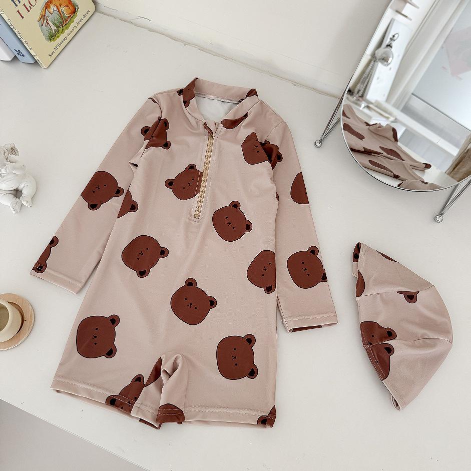 Korean Style Infant Boy Bear Print Long Sleeve Romper - Sun Protection Quick Dry Swimsuit 66 cm коричневый