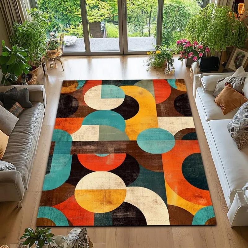 Mid Century Boho Rug Retro Geometric Pattern Area Rug Anti-slip Carpet for Home Living Room Bedroom Decor Sofa Table Large Rugs