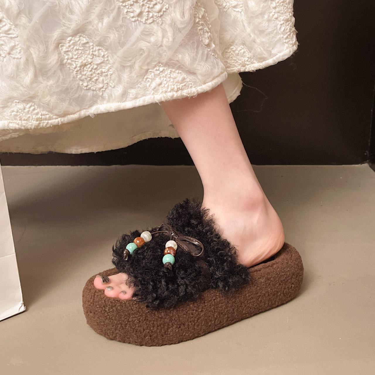 

Thick-bottomed bow beaded lamb wool slippers women s wear 2025 autumn and winter Korean version warm and non-slip cotton slippers tide 40 чёрный