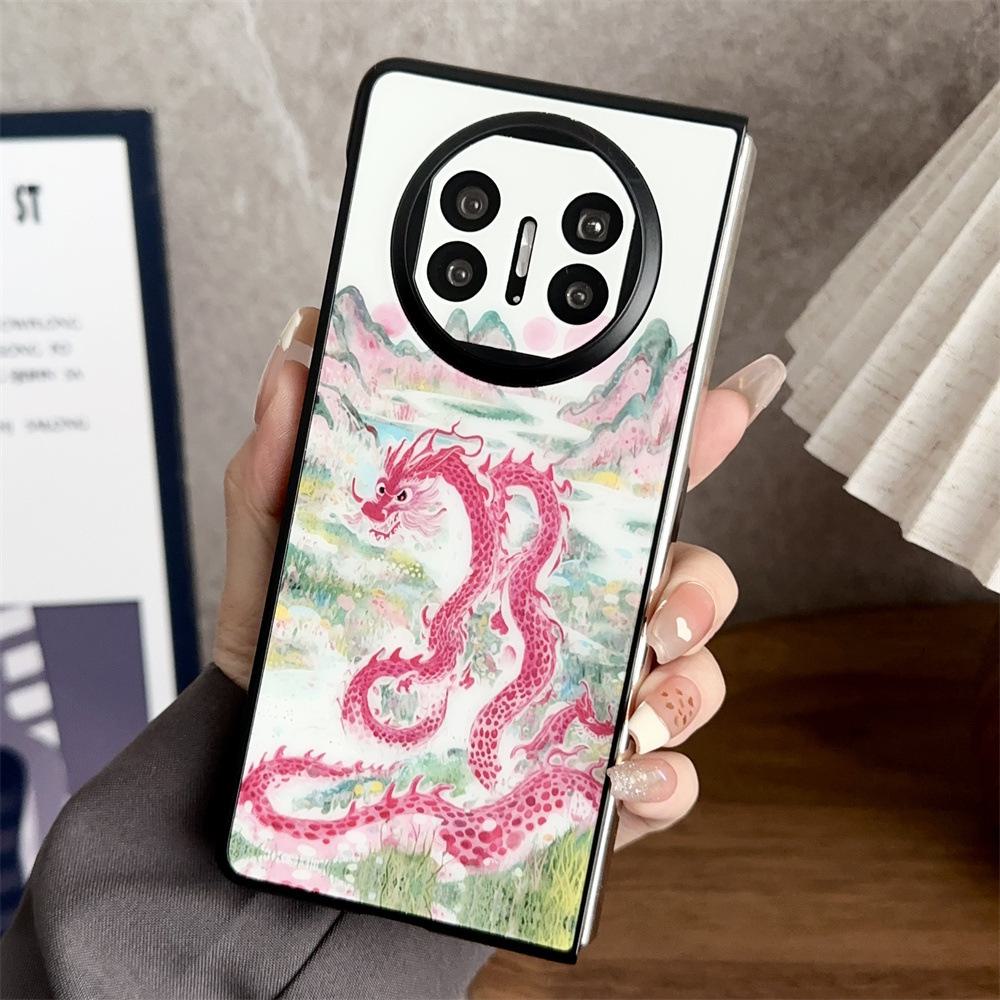 Black Cat and Pink Dragon Retro Happy Magnetic Case for Huawei MateX3/X5, Folding and Protective Cover for Women