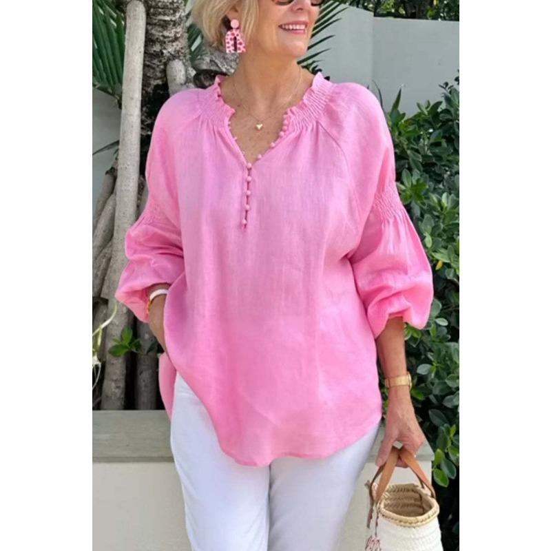 Womens Linen V Neck Pom Pom Detail Lantern Sleeve Blouse Casual Loose Top