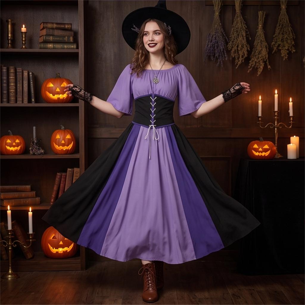 Women's Halloween Off-Shoulder Dress with Color Block Sleeves Tie Waist Belt Set