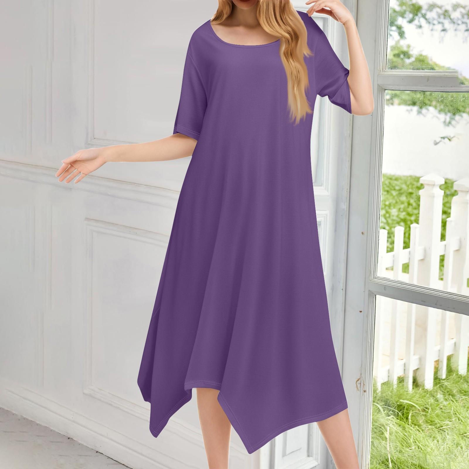 

Женское повседневное модное платье миди с круглым вырезом и коротким рукавом, однотонное, с неровным подолом S фиолетовый