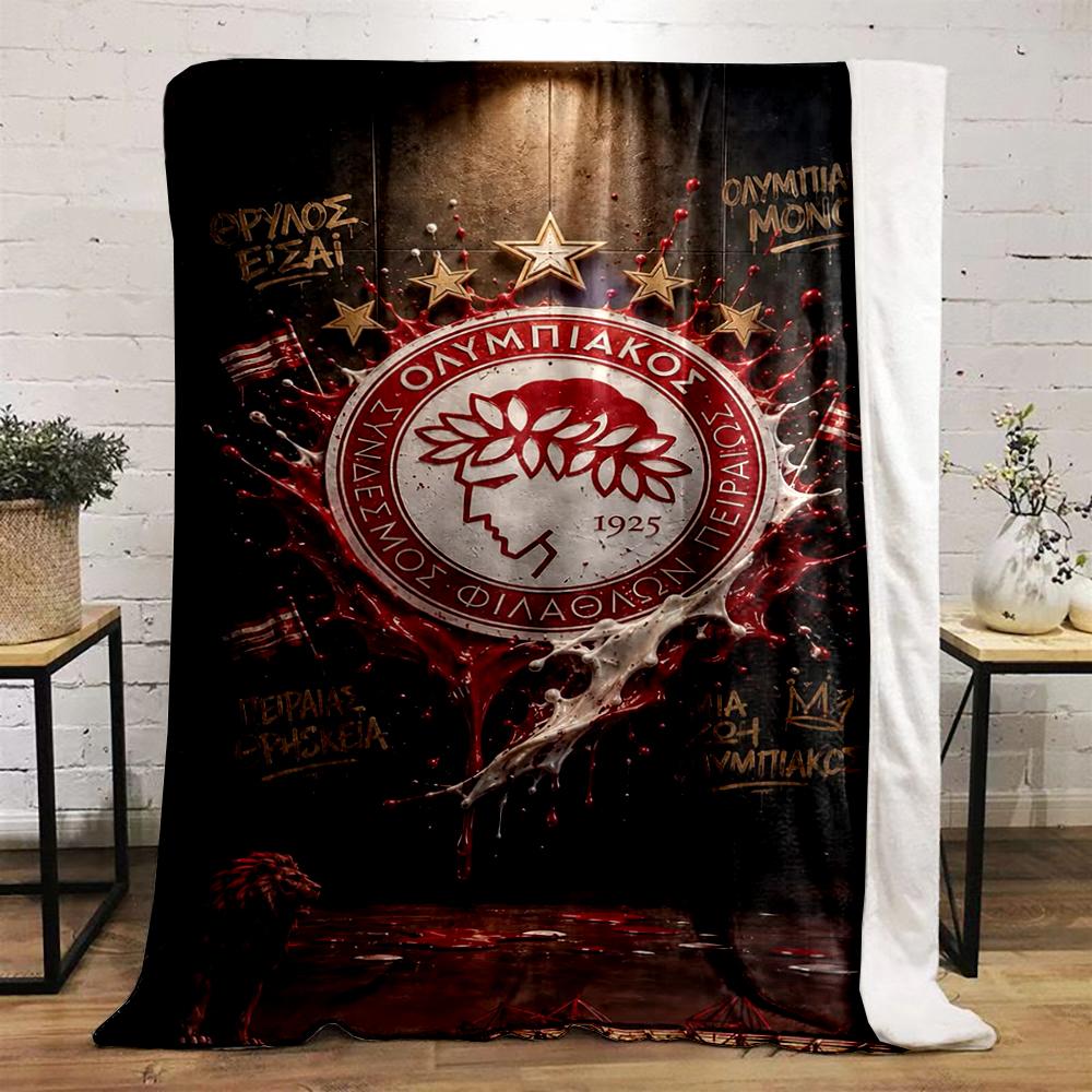 Olympiacos FC Greek Football Club Crest Stars Lion Soccer Fleece Blanket for Cozy Home Living Room