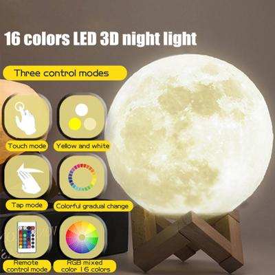 Měsíční lampa s dřevěnou základnou Design ložnice s 16 RGB barvami Dobíjecí 3D měsíční noční světlo s dotykovým senzorem