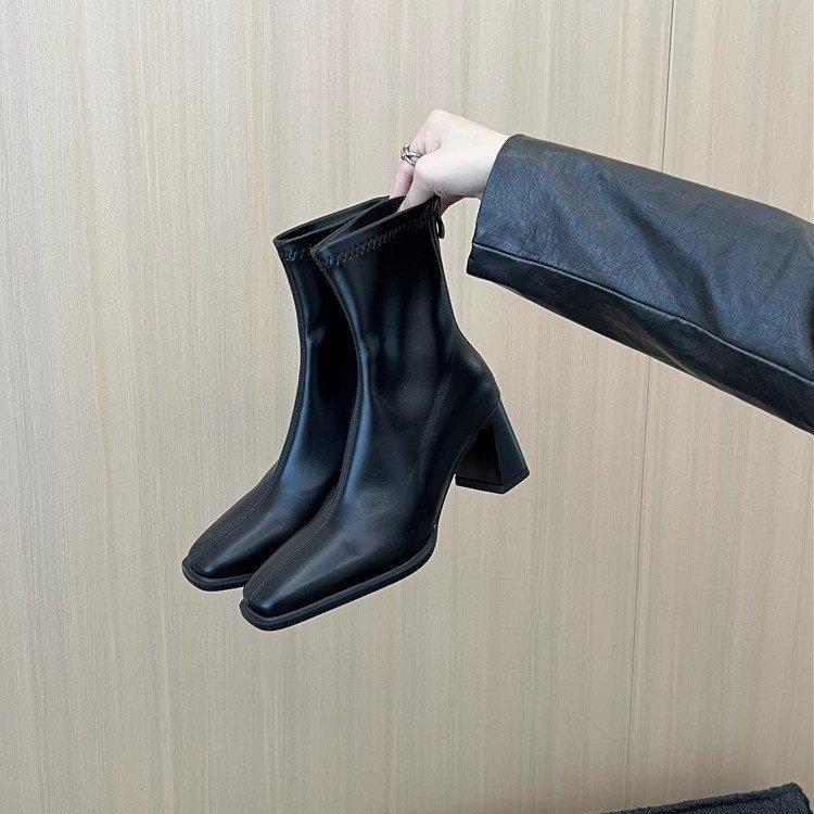 Dünne Stiefel mit hohen Absätzen Fee Fee 2025 neu weiches Leder dickabsatz Zigarettenstiefel modisch vielseitig Chelsea Kurzstiefel