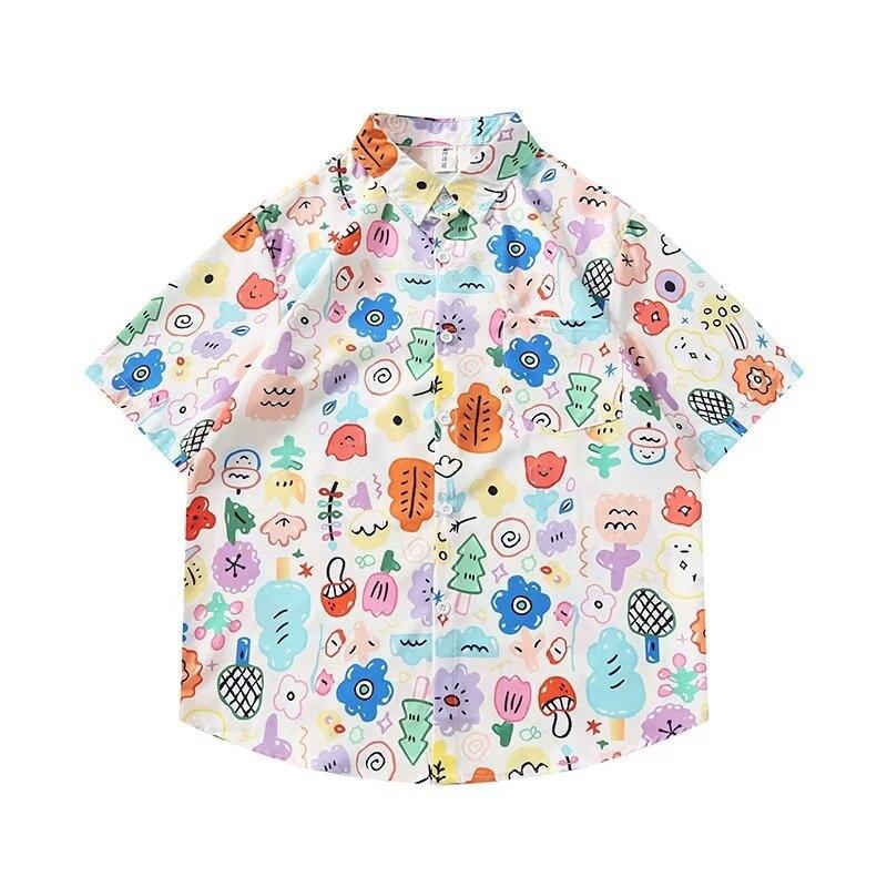 Summer vacation seaside blue shirt for men and women, trendy loose-fitting plus-size Hawaiian short-sleeve shirt