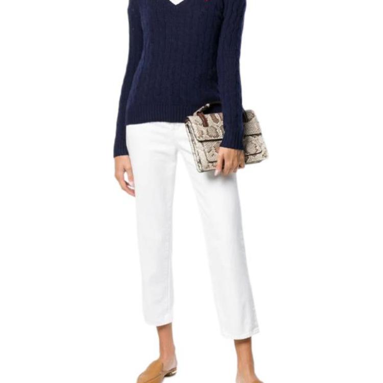 Polo Ralph Lauren FW21 Logo Solid V-Neck Knit Sweater Women Sweater Blue 211508656-009