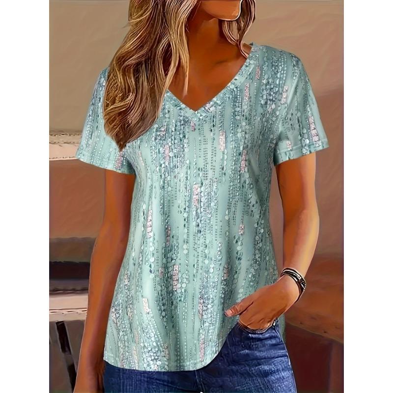 Spring and summer popular all-over printed V-neck T-shirt for women, loose slimming casual short-sleeved top, versatile and trendy