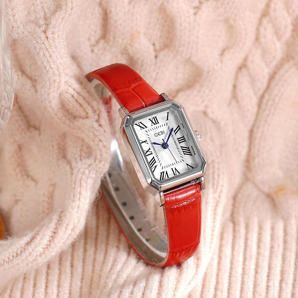 Gedi Retro Small Square Dial Ladies Waterproof Leather Strap Quartz Watch